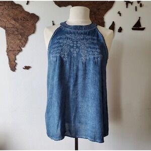 NWT Embroidered Denim Halter Tank Top XS